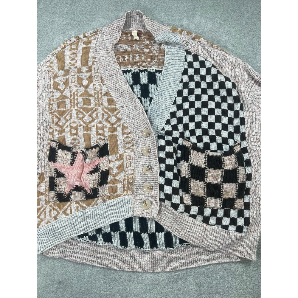 Pilcro Mash Up Sweater Cardigan Anthropologie Mix Patchwork Star Checkerboard S - Picture 6 of 12